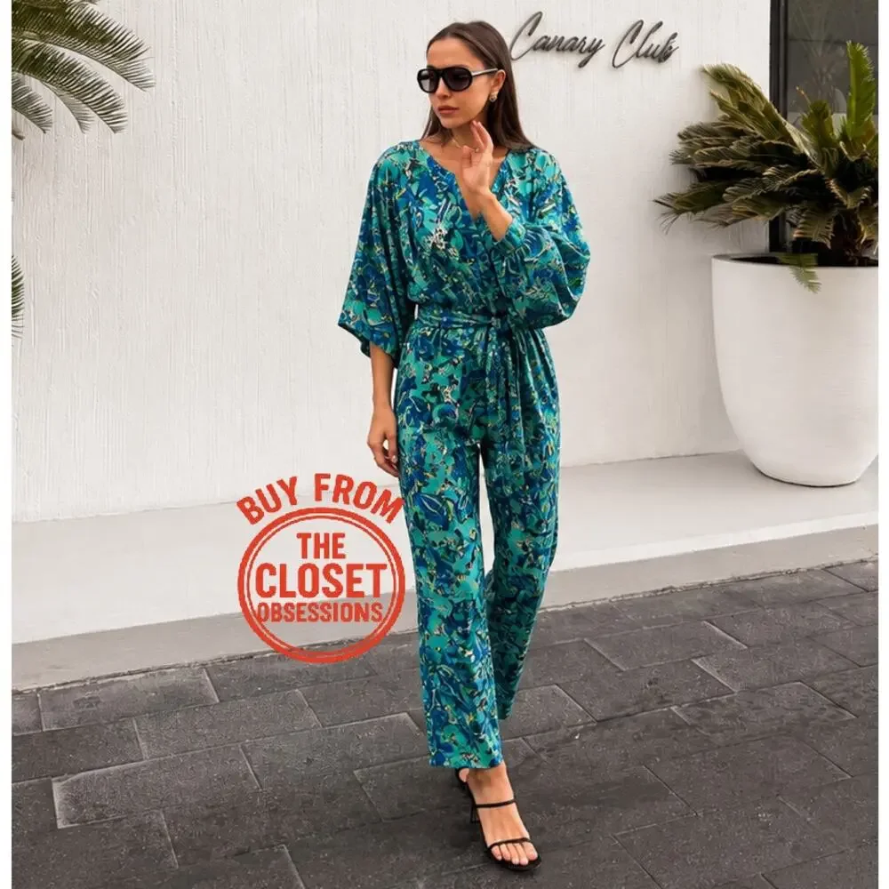 Zara NWT Blue Paisley Belted Wide Leg Jumpsuit S